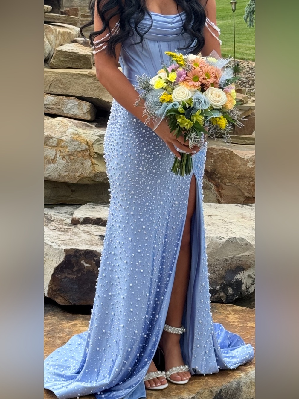 Sherri Hill Light Blue Beaded Prom Gown with Side Slit